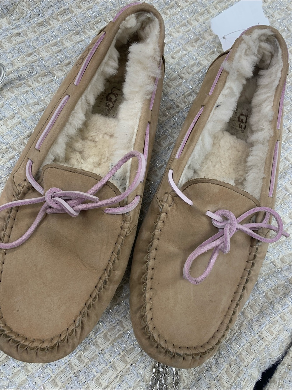 UGG Women's Chestnut Suede Moccasins with Pink Laces
